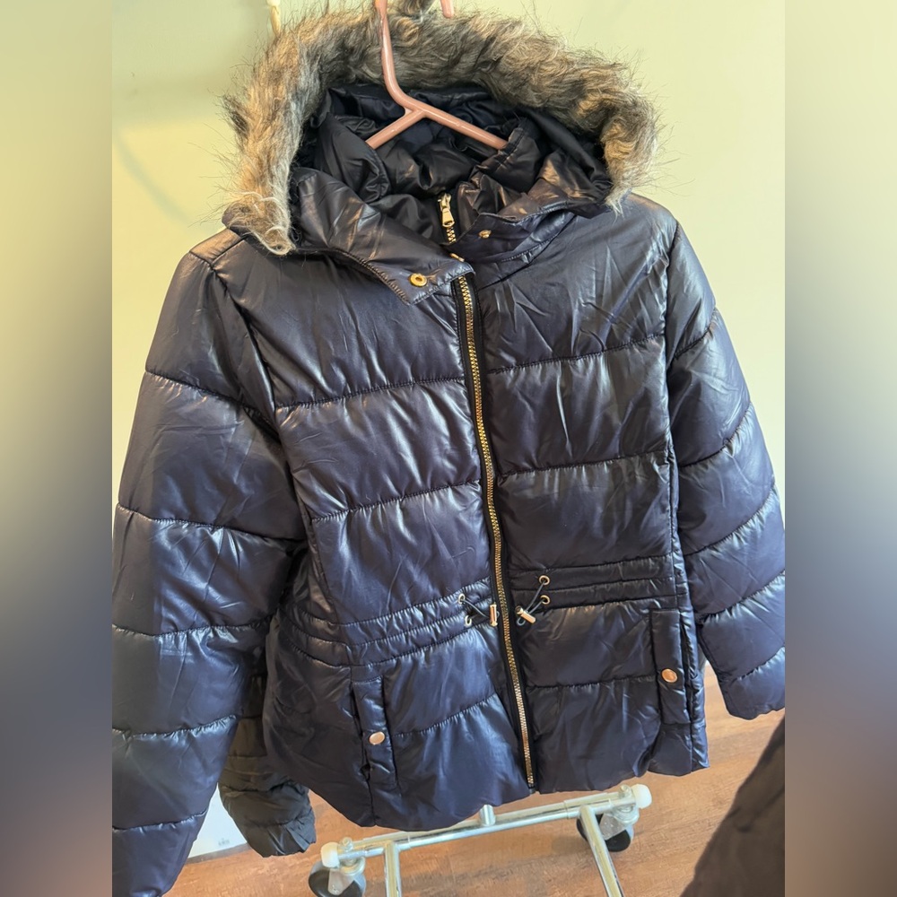 Kids Navy Puffer Jacket with Faux Fur Hood
